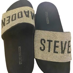 Steve Madden Womens Black Slide Sandals Bling Rhinestone Size 6
